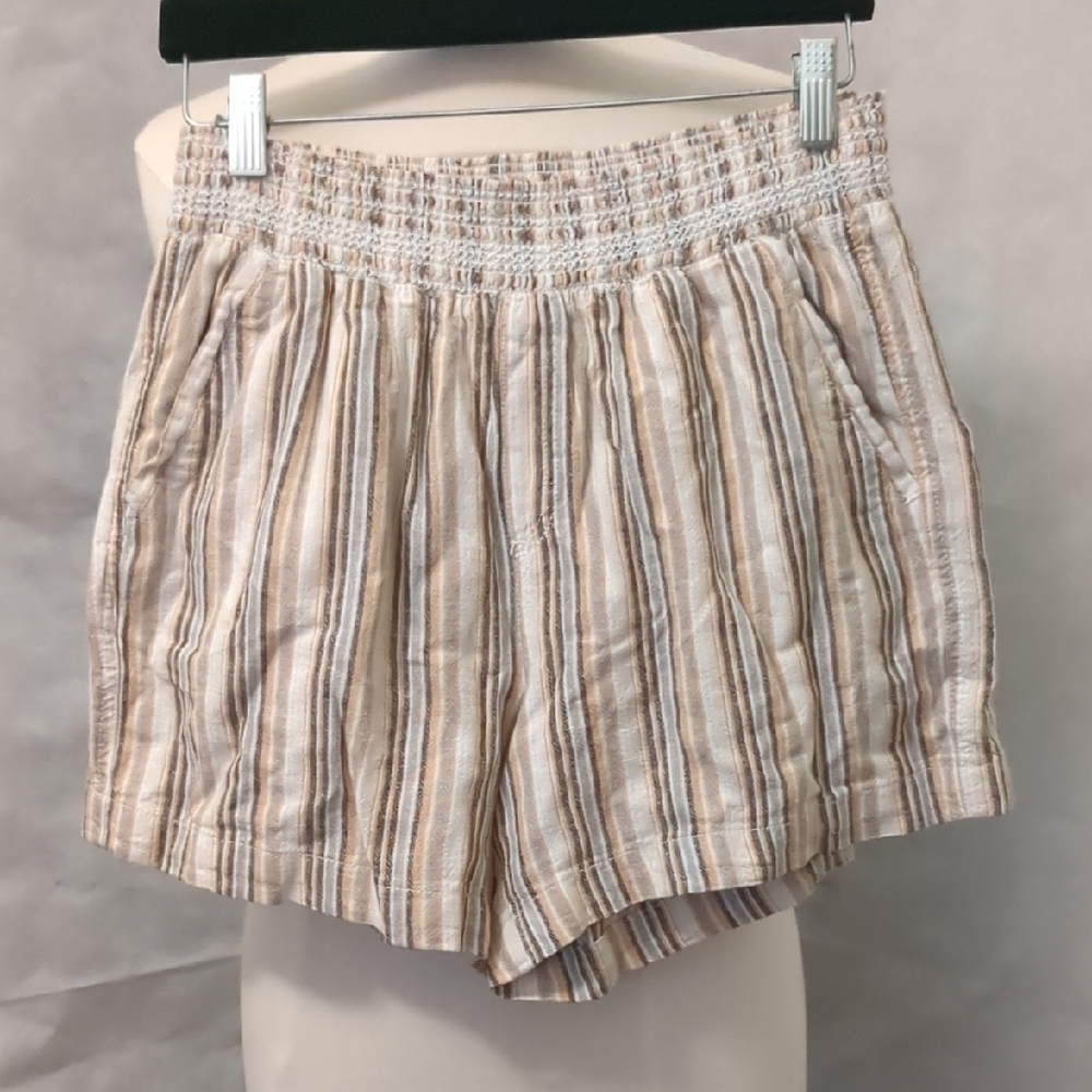 Striped Tan Linen Pull On Shorts